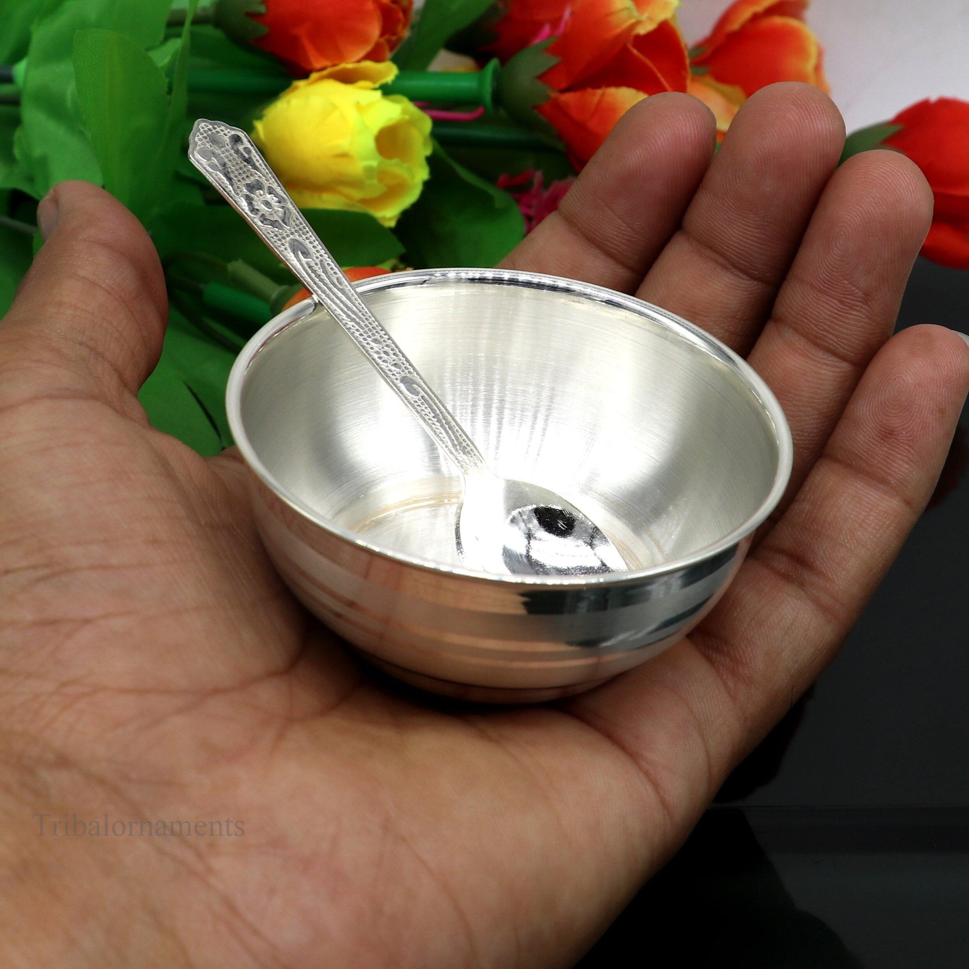 999 pure fine silver handmade utensils, silver article, silver vessel, silver accessories, silver puja art, silver baby bowl set sv242 - TRIBAL ORNAMENTS