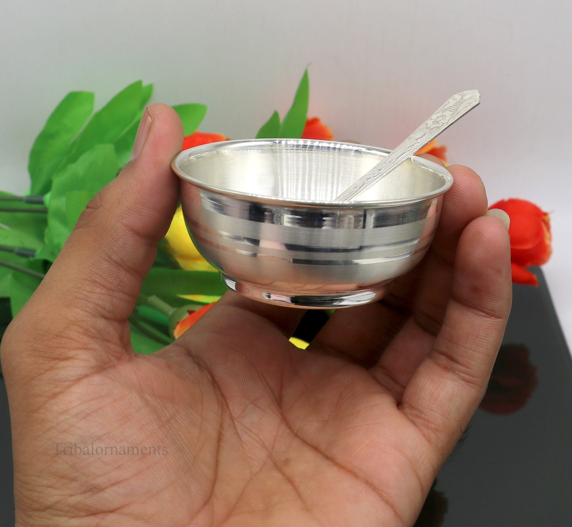 999 pure fine silver handmade utensils, silver article, silver vessel, silver accessories, silver puja art, silver baby bowl set sv242 - TRIBAL ORNAMENTS