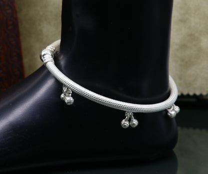 Sterling silver handmade foot bangle bracelet with jingling bells and tribal design, perfect for belly dance jewelry.
