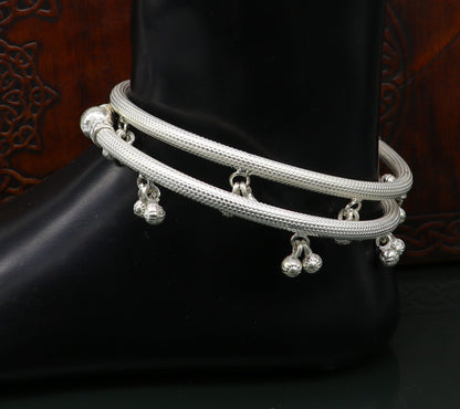 Sterling silver handmade foot bangle bracelet with jingling bells, tribal design, customized anklet for belly dance jewelry.