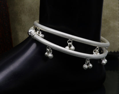 Sterling silver handmade foot bangle bracelet with jingling bells, tribal design, custom anklet for belly dance jewelry.
