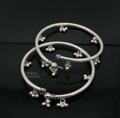 Sterling silver handmade foot bangle bracelet with jingling bells and tribal design, perfect for belly dance jewelry.