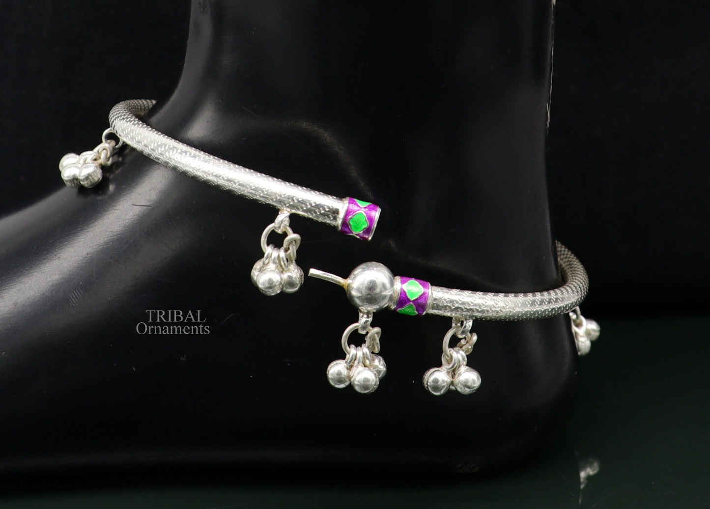 Sterling silver handmade gorgeous foot bangle bracelet kada, excellent jingling bells tribal customized anklet belly dance jewelry nsfk60 - TRIBAL ORNAMENTS