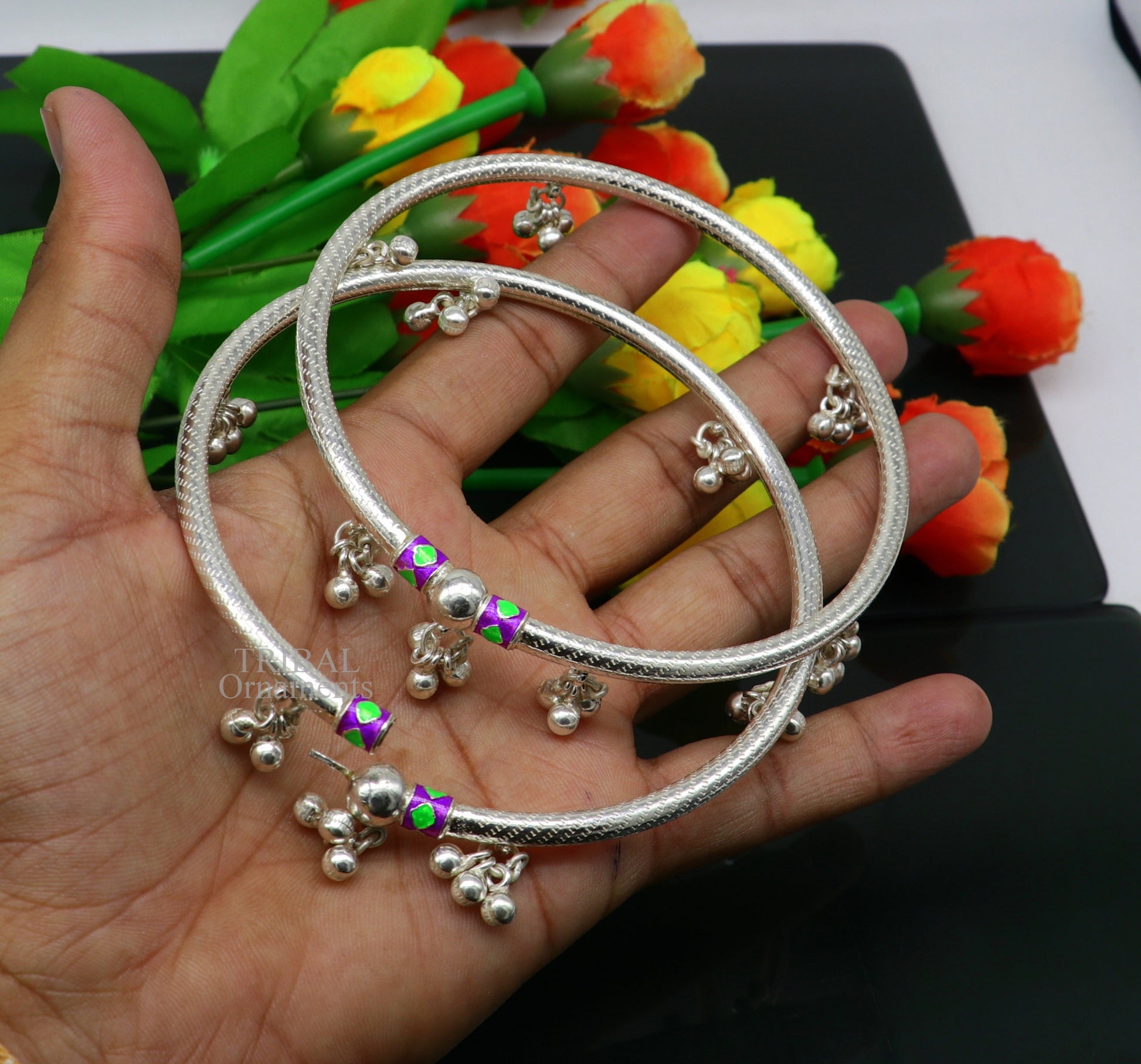 Sterling silver handmade gorgeous foot bangle bracelet kada, excellent jingling bells tribal customized anklet belly dance jewelry nsfk60 - TRIBAL ORNAMENTS