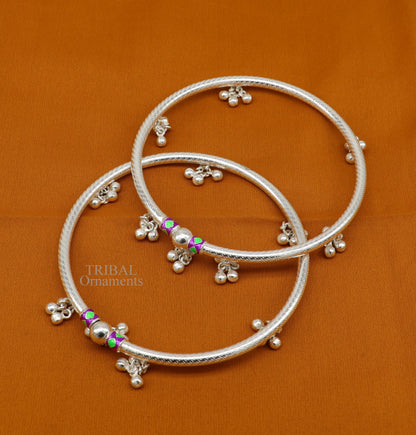 Sterling silver handmade tribal foot bangle anklet with jingling bells, custom design, perfect for belly dance jewelry.