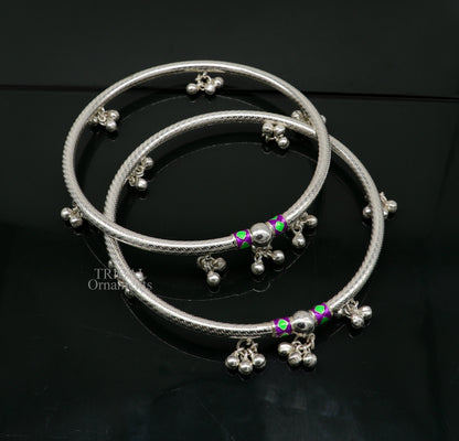 Sterling silver handmade foot bangle bracelet with jingling tribal bells, customized anklet for belly dance jewelry by Tribal Ornaments