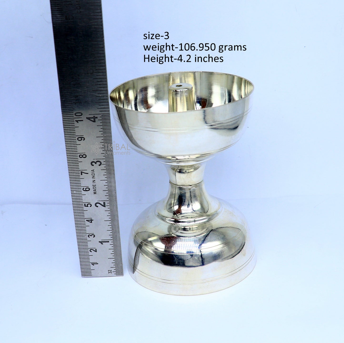 Handmade 925 sterling silver oil lamp with intricate design, ideal for home temple puja and decorative silver diya.