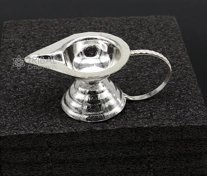 Handmade 925 sterling silver kappor dani, diya, deepak, and joth kapoor Aarti lamp from Tribal Ornaments, traditional silver temple utensils.