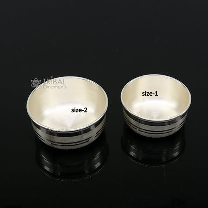 Small handmade silver puja bowl with intricate designs, part of temple accessories, made of 999 fine solid silver.