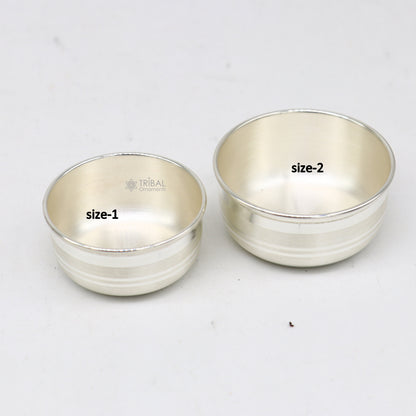 Handmade small silver puja bowl with intricate designs, part of temple accessories, crafted from 999 fine solid silver.