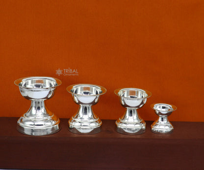 Elegant handmade 925 sterling silver oil lamp from Tribal Ornaments, designed for home temple puja and spiritual rituals.