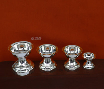 Elegant handmade 925 sterling silver oil lamp, traditional diya for home temple and puja rituals, by TRIBAL ORNAMENTS.