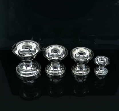 Elegant handmade 925 sterling silver oil lamp by Tribal Ornaments, ideal for home temple puja and decorative silver diya.