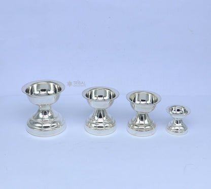 Handmade 925 sterling silver oil lamp with intricate design, ideal for home temple and puja rituals, from Tribal Ornaments.
