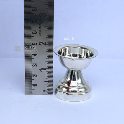 Handmade 925 sterling silver oil lamp with intricate design, suitable for home temple and puja rituals.