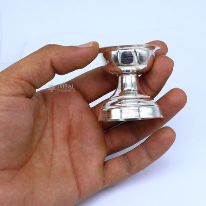 Elegant handmade 925 sterling silver oil lamp, traditional diya for home temple, decorative silver puja utensil.