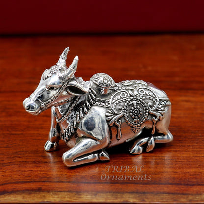 925 Sterling silver Lord Shiva Vahan Nandi Maharaj statue, handmade small Nandi for puja, divine gift for Lord Shiva, tribal ornaments.