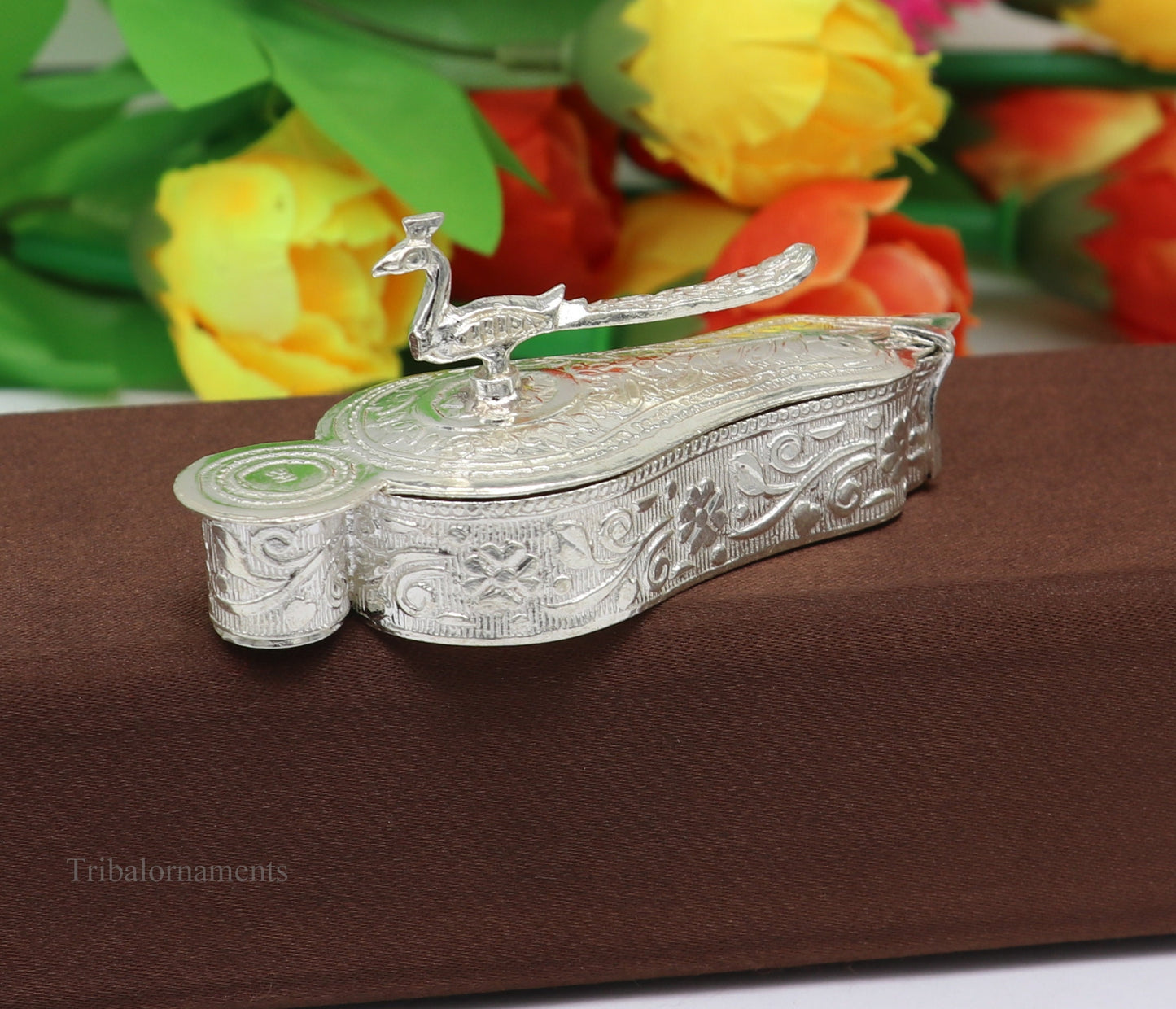 925 sterling silver handmade fabulous unique design peacock trinket box, brides gift, casket box silver article, silver utensils stb162 - TRIBAL ORNAMENTS