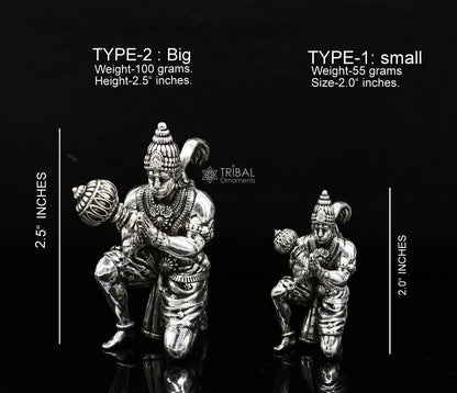 Handmade 925 silver Lord Hanuman statue, 2-2.5 inches tall, perfect for puja, gifting, or home temple decor by Tribal Ornaments.