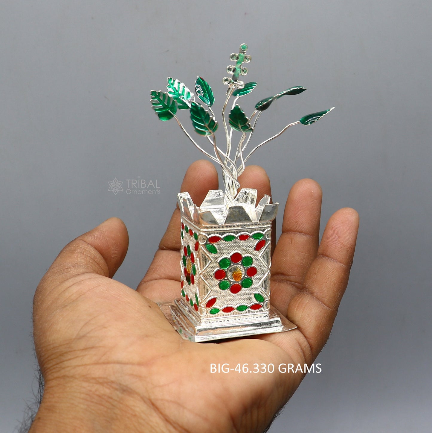 Handmade 925 sterling silver mini Tulsi basil plant rosary for puja temple, featuring intricate silver craftsmanship and detailed design.