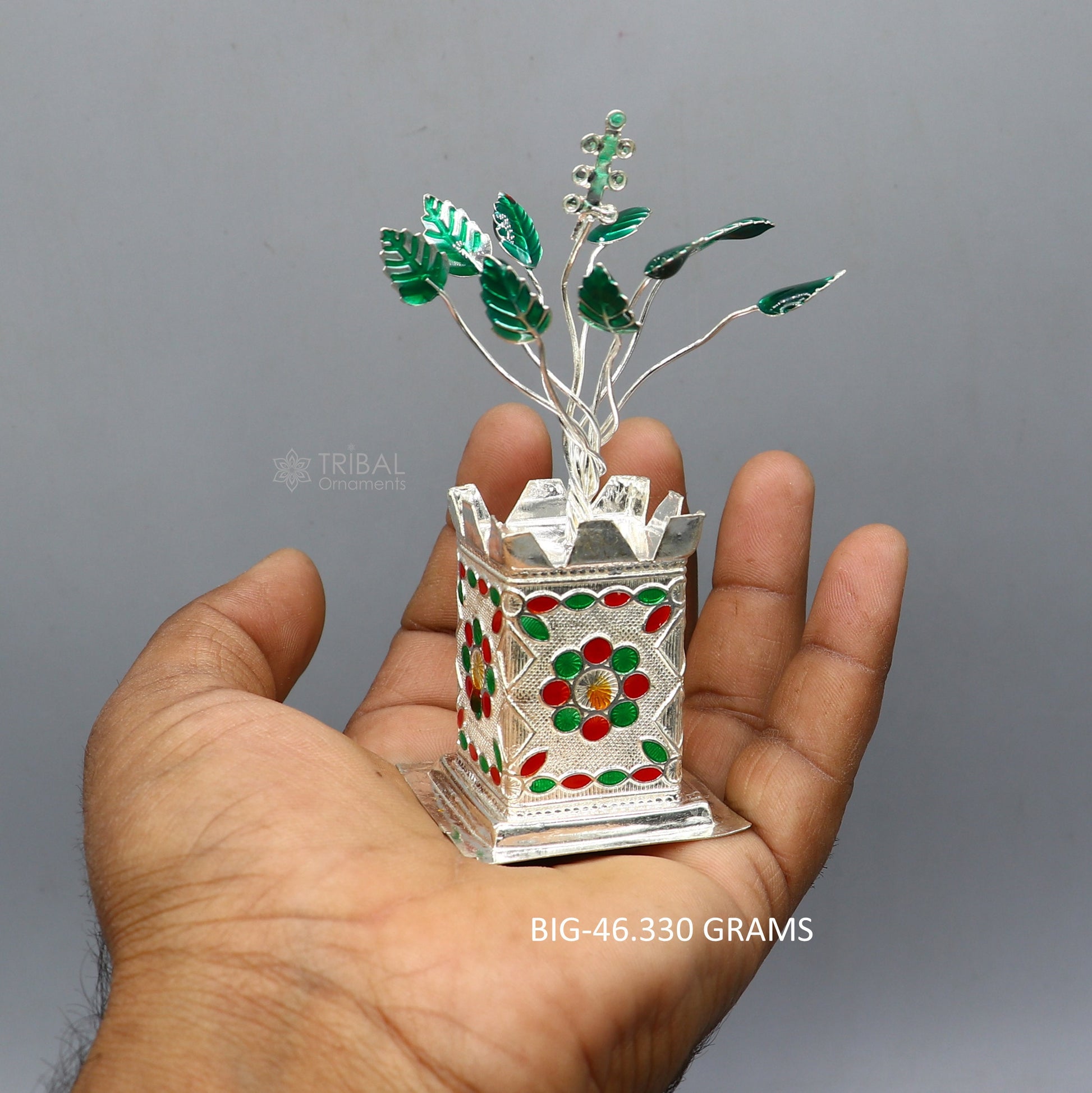 Handmade 925 sterling silver mini Tulsi basil plant rosary for puja temple, featuring intricate silver craftsmanship and detailed design.
