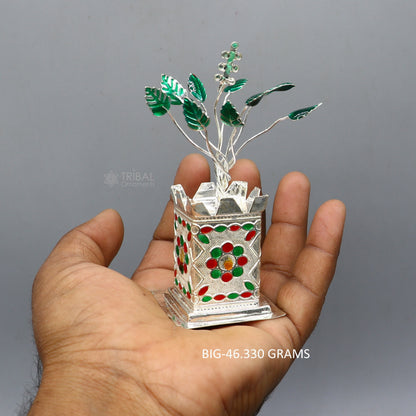 Handmade 925 sterling silver mini Tulsi basil plant rosary for puja temple, featuring intricate silver craftsmanship and detailed design.