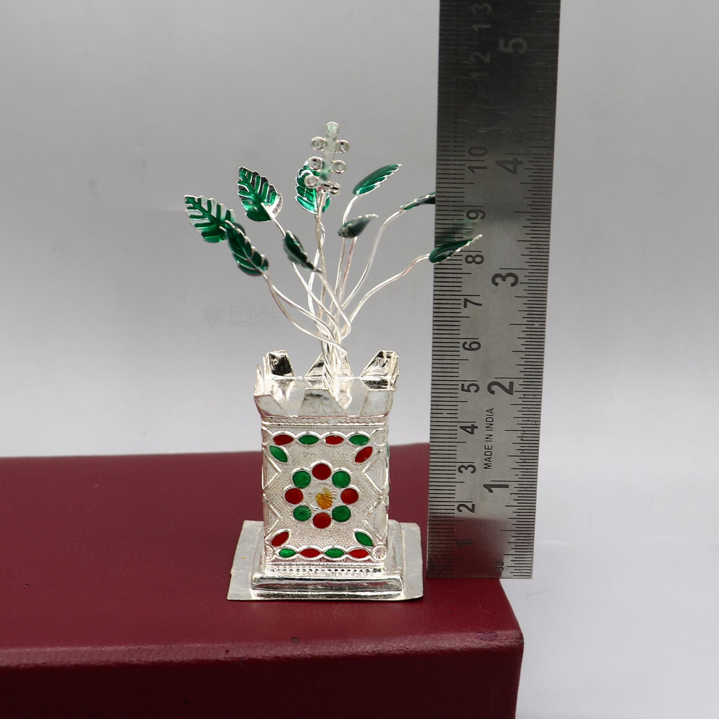 Handmade 925 sterling silver mini Tulsi basil plant rosary for puja temple, crafted by Tribal Ornaments, with detailed silver accents.