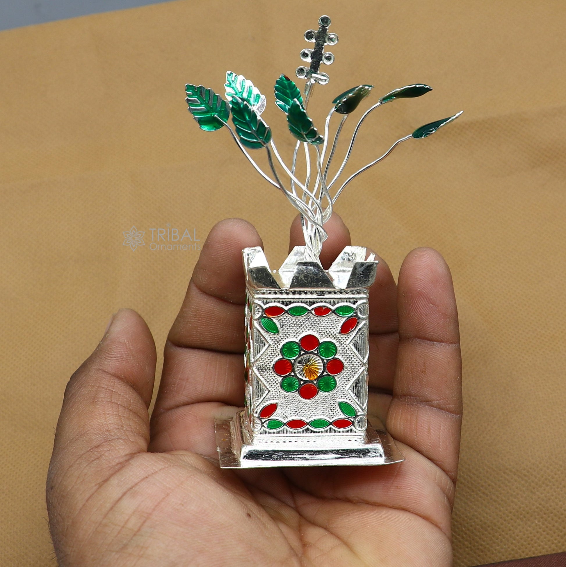 Handmade 925 sterling silver mini Tulsi basil rosary plant for puja temple, crafted by TRIBAL ORNAMENTS with detailed silver design.