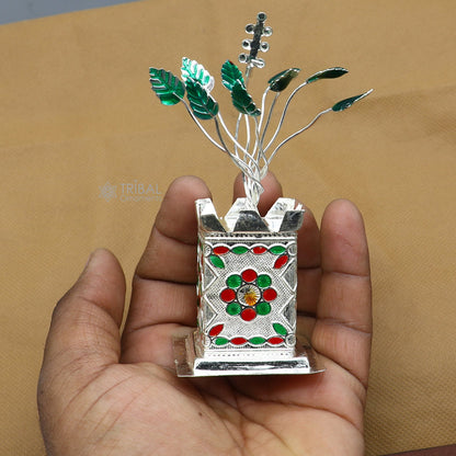 Handmade 925 sterling silver mini Tulsi basil rosary plant for puja temple, crafted by TRIBAL ORNAMENTS with detailed silver design.