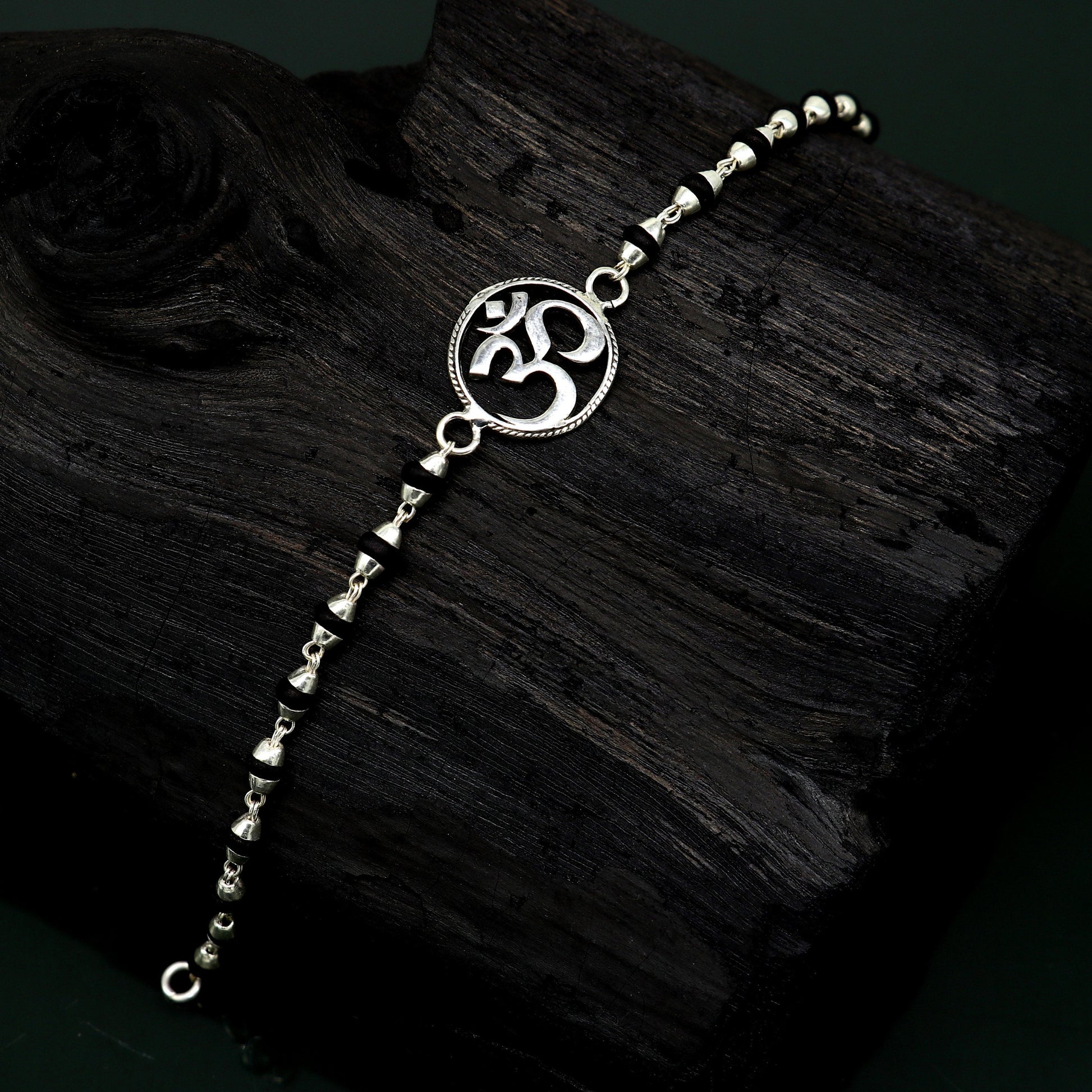 7.5" 925 Sterling silver customized tulsi beaded 'AUM' Rakhi or bracelet. best gift for your brother's  for special Rakshabandhan rk15 - TRIBAL ORNAMENTS