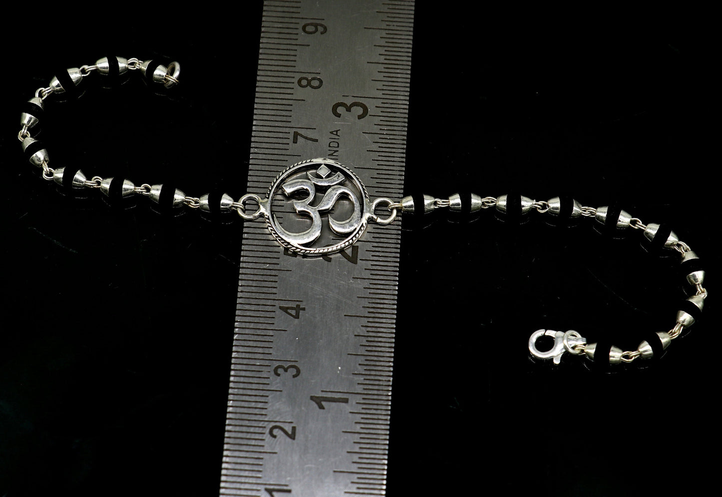 7.5" 925 Sterling silver customized tulsi beaded 'AUM' Rakhi or bracelet. best gift for your brother's  for special Rakshabandhan rk15 - TRIBAL ORNAMENTS