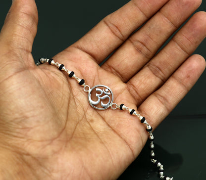 925 Sterling Silver OM design Tulsi beads bracelet rakhi with handmade spiritual Aum motif, 6-7 inches, by TRIBAL ORNAMENTS