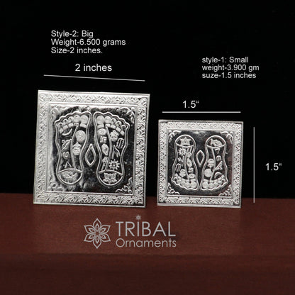 Handmade 925 sterling silver Shree Lakshmi Charan Paduka for home temple puja, detailed divine silver religious article by TRIBAL ORNAMENTS.