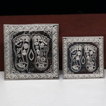 Handmade 925 sterling silver Shree Lakshmi charan paduka for home temple puja, crafted by Tribal Ornaments.