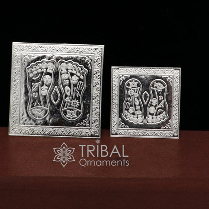 Handmade 925 sterling silver Shree Lakshmi Charan Paduka for home temple puja, detailed divine holy silver article by Tribal Ornaments.