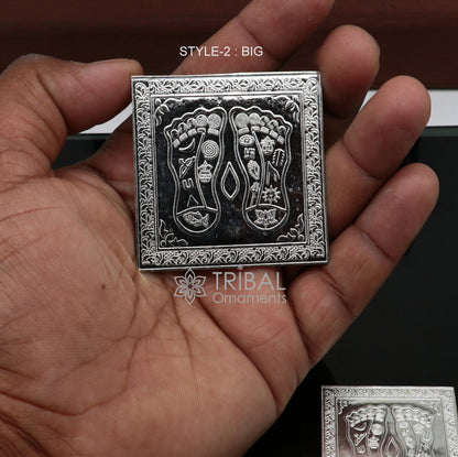 Handmade 925 sterling silver Shree Lakshmi Charan Paduka for home temple puja, detailed divine silver religious article by Tribal Ornaments.