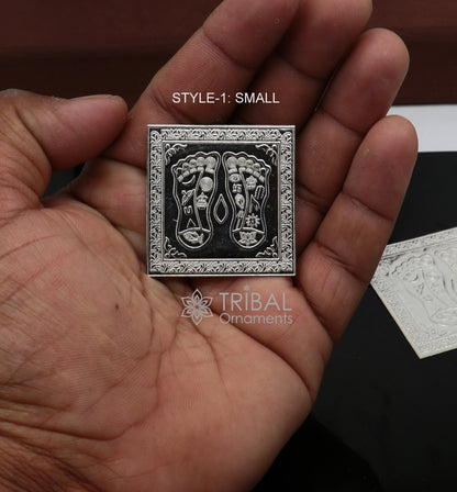 Handmade 925 sterling silver Lakshmi charan paduka for home temple puja, intricately crafted divine silver religious article.