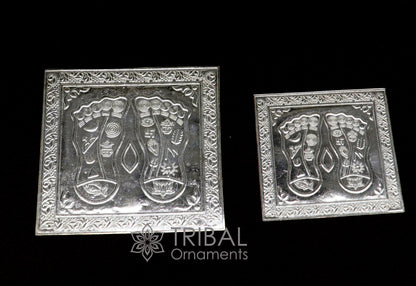 Handmade 925 sterling silver Shree Lakshmi Charan Paduka for home temple puja, detailed divine silver religious article.
