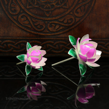 Solid sterling silver small lotus flower puja god temple article, handmade with colorful enamel, by TRIBAL ORNAMENTS.