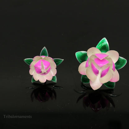 Solid sterling silver small lotus flower for puja, handmade by Tribal Ornaments, with colorful enamel accents for worship ceremonies.