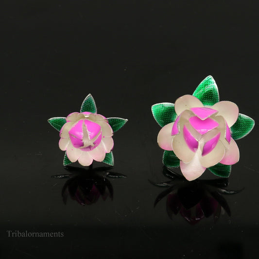 Solid sterling silver handmade small lotus flower puja god temple article, excellent customized enamel silver worshipping articles su448 - TRIBAL ORNAMENTS