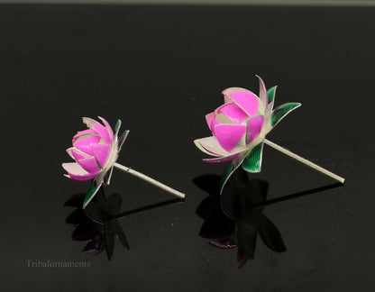 Solid sterling silver small lotus flower puja god temple article by Tribal Ornaments, handmade with colorful enamel detailing.
