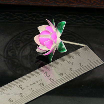 Solid sterling silver handmade small lotus flower for puja, crafted by Tribal Ornaments, with colorful enamel accents.