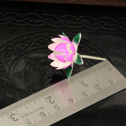Handmade sterling silver small lotus flower for puja, crafted by Tribal Ornaments, with colorful enamel accents for worship.