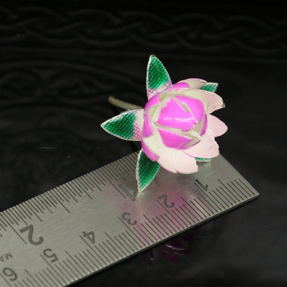 Handmade small lotus flower temple article in solid sterling silver with colorful enamel, ideal for puja worship by Tribal Ornaments.