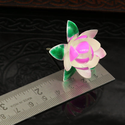 Small sterling silver lotus flower pendant, handmade by Tribal Ornaments, with detailed enamel finish, ideal for worship and temple offerings.