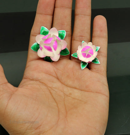 Small sterling silver handmade lotus flower puja idol from Tribal Ornaments, featuring detailed enamel work for worship and temple use.
