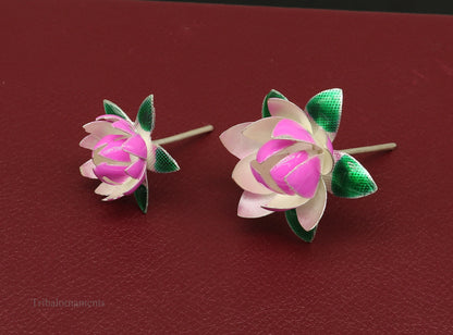 Small handmade sterling silver lotus flower for puja, crafted by Tribal Ornaments, with customized enamel details for worship.