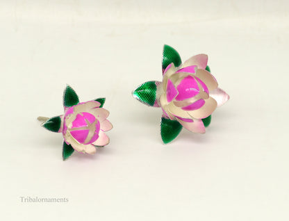 Small sterling silver lotus flower temple article for puja, handmade by TRIBAL ORNAMENTS, with colorful enamel decoration.