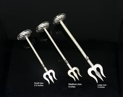 Small 925 sterling silver handmade Lord Shiva trident with detailed craftsmanship, ideal for puja and spiritual collection.